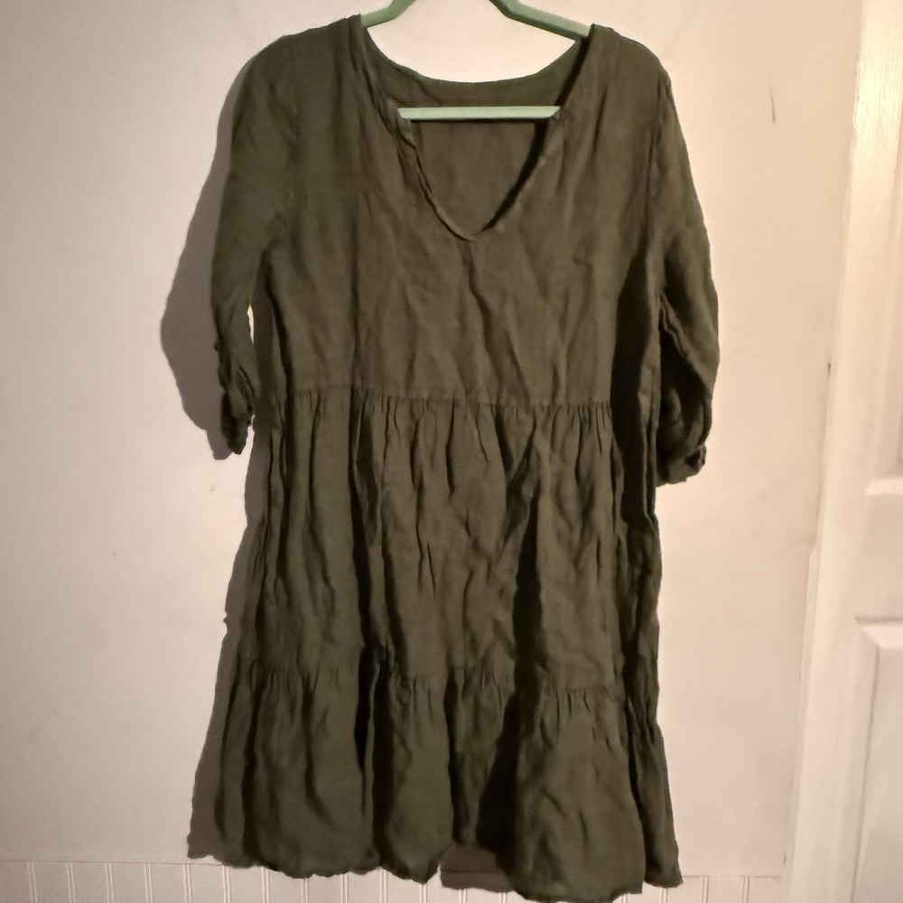 Francesca Bettini Large Linen Babydoll Dress Tiered 3/4 Sleeve Coastal‎ Resort